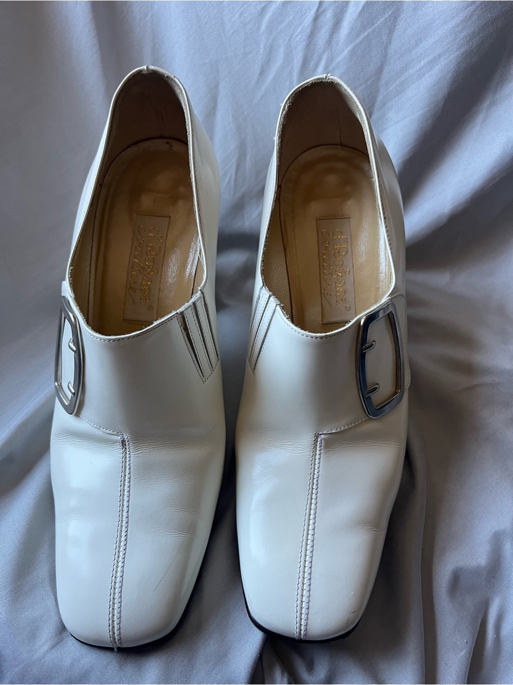 Rosanna White Block Heel Shoes with Silver Buckle